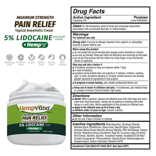 Hempvana Lidocaine Cream Three Ounce jar showcasing the brand label and product benefits