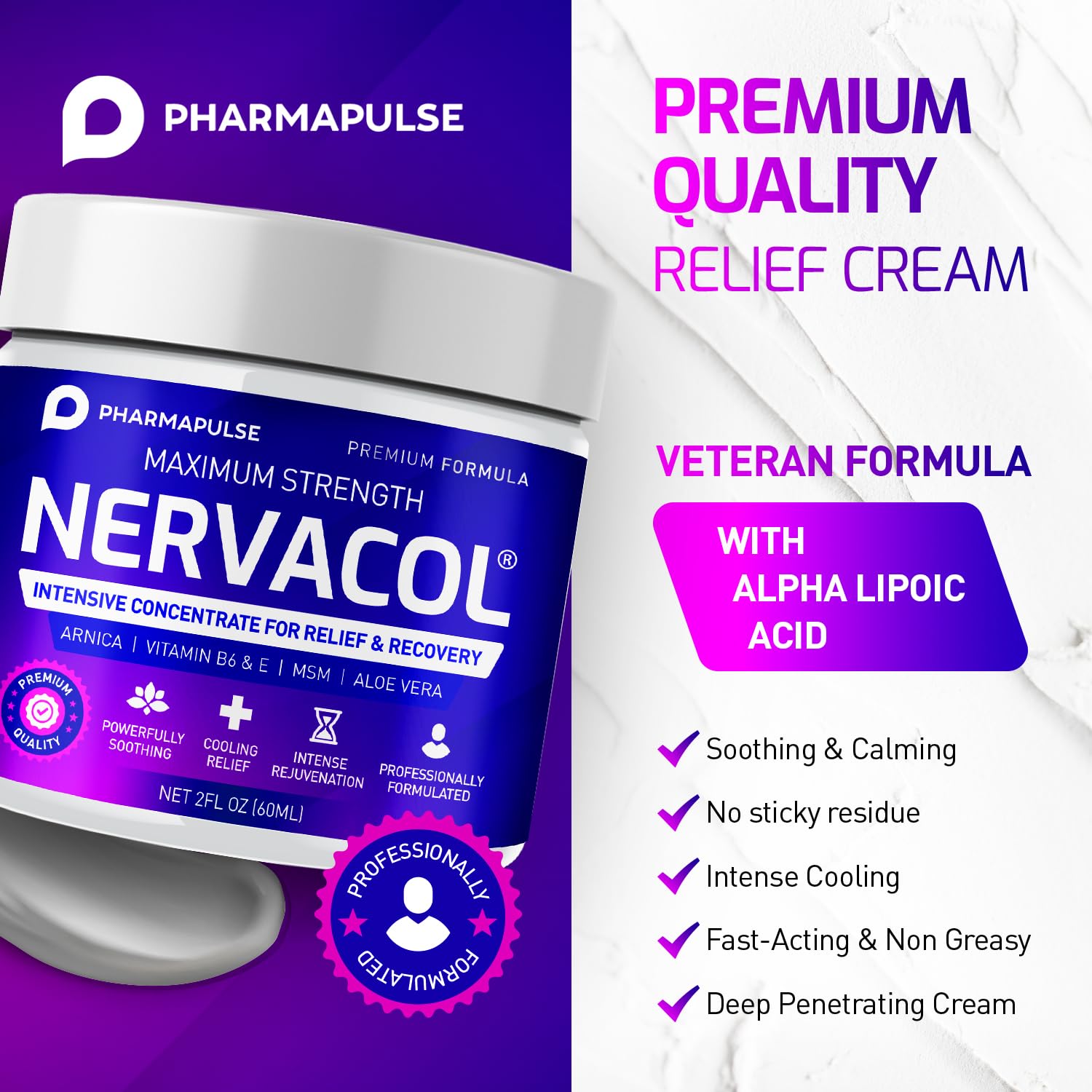 Pharmapulse Nervacol pain relief cream back label showing ingredients list