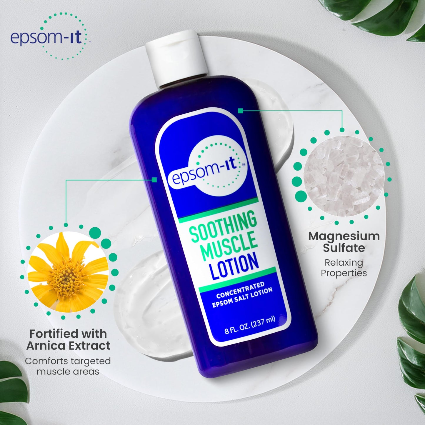 Epsom-It concentrated topical magnesium lotion text details close up.