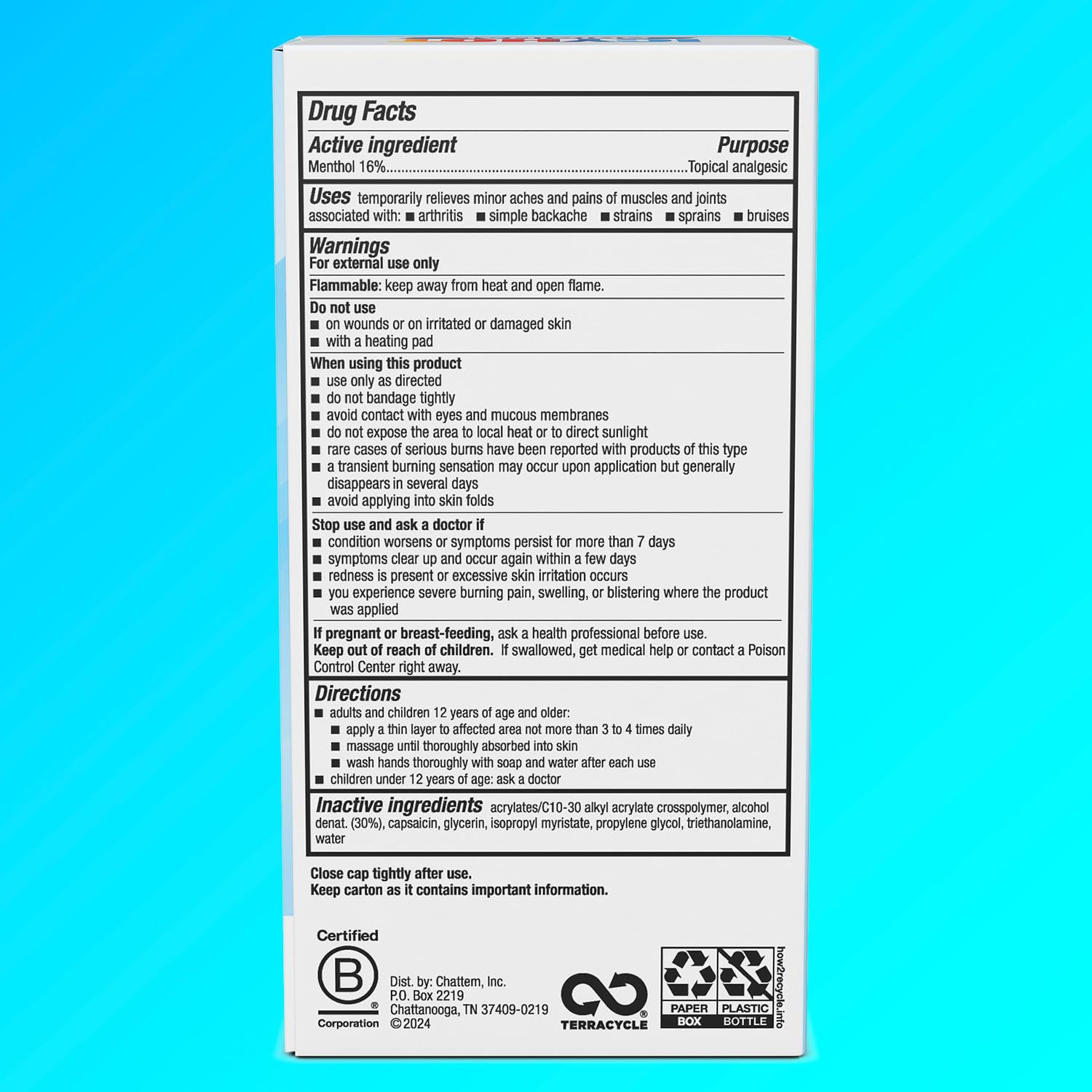 Icy Hot maximum strength sixteen percent menthol pain relief roll on liquid side view detailing usage instructions
