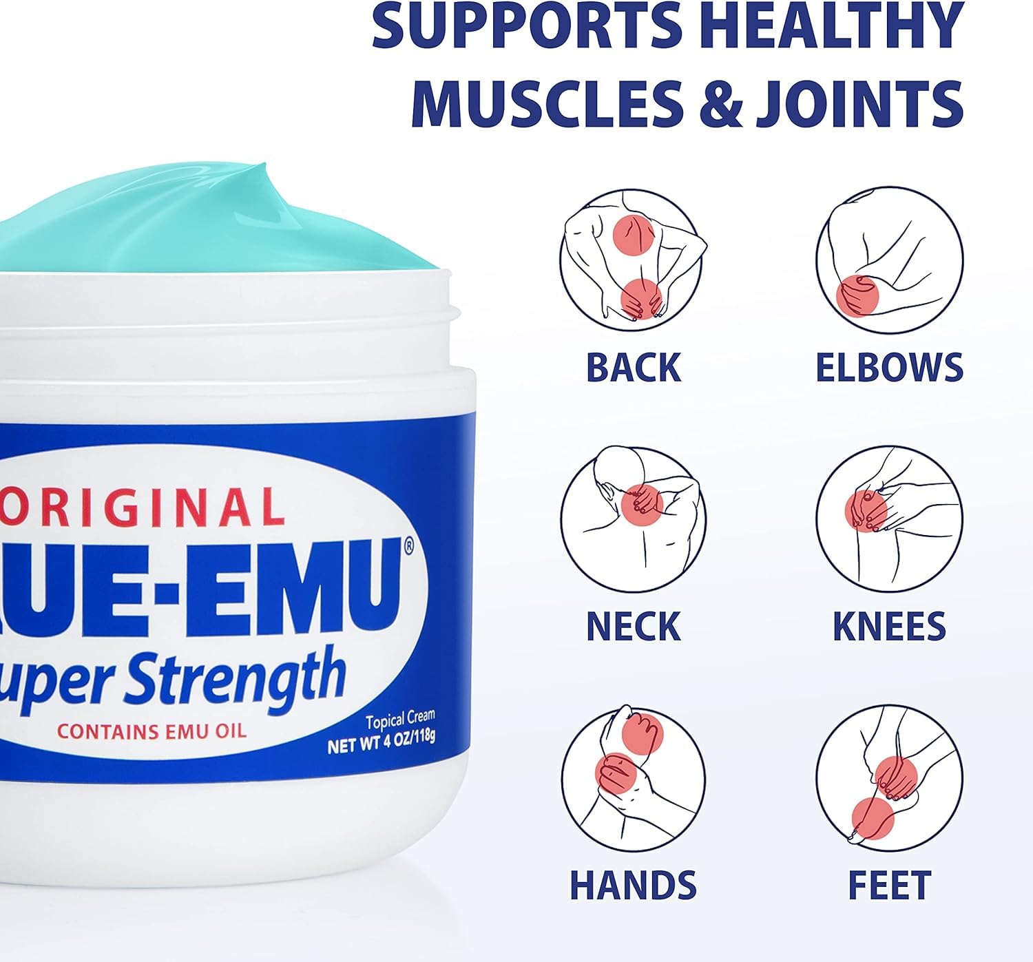 Blue Emu muscle and joint topical cream packaging showcasing the main ingredients list.