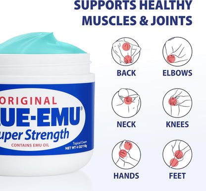 Blue Emu muscle and joint topical cream packaging showcasing the main ingredients list.
