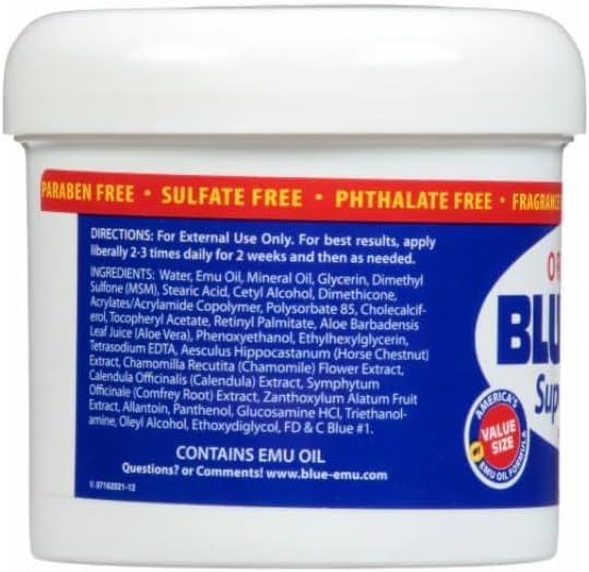 Blue Emu odor free analgesic rub display highlighting its paraben and sulfate free formula.