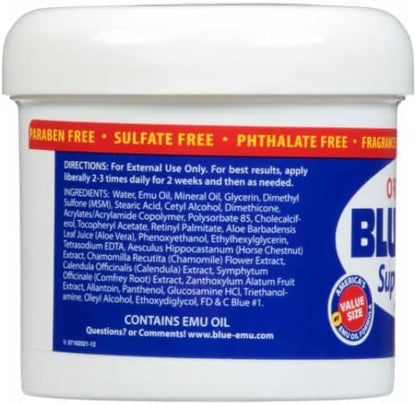 Blue Emu odor free analgesic rub display highlighting its paraben and sulfate free formula.