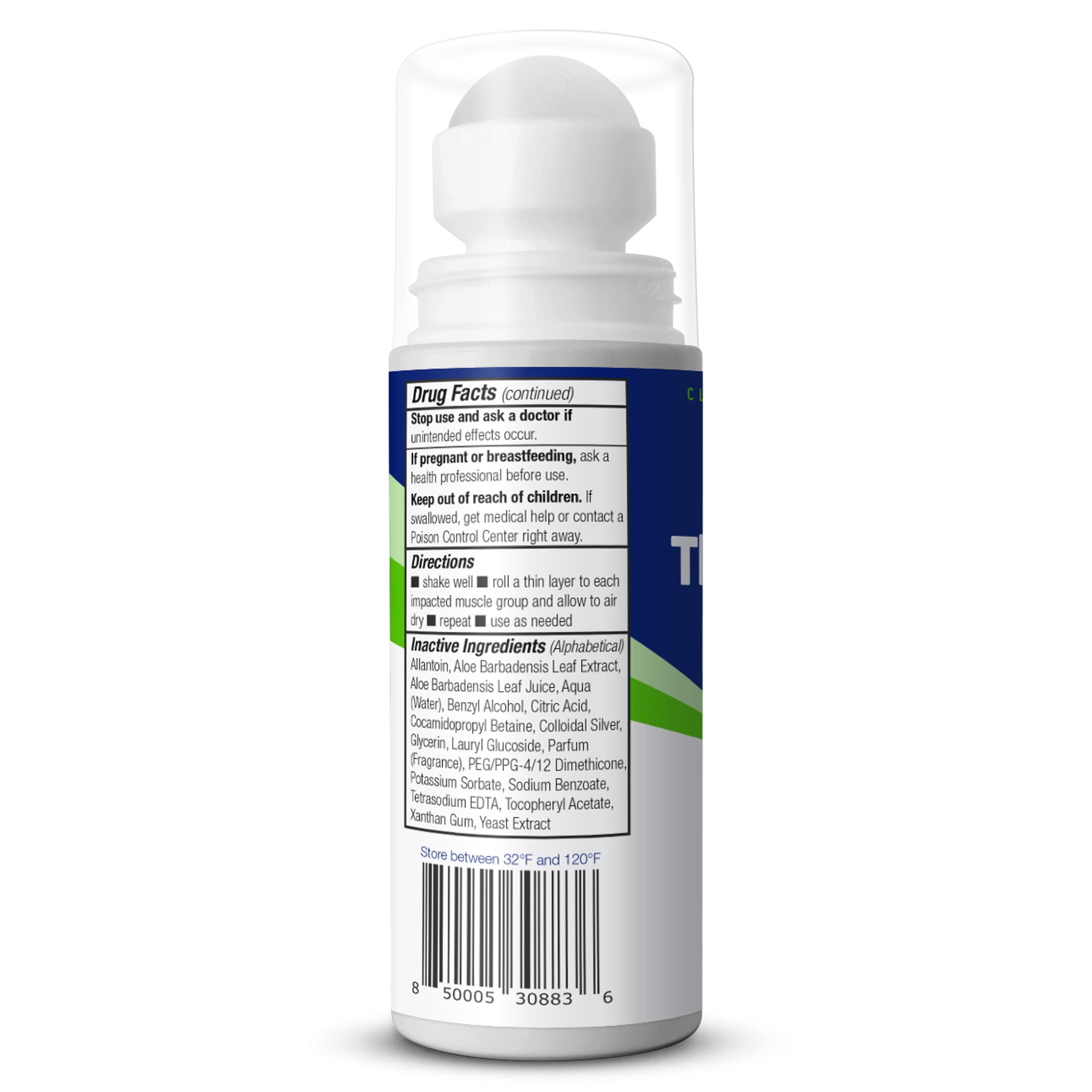 Theraworx magnesium sulfate roll-on bottle detailing fast-acting application instructions for muscle spasms.