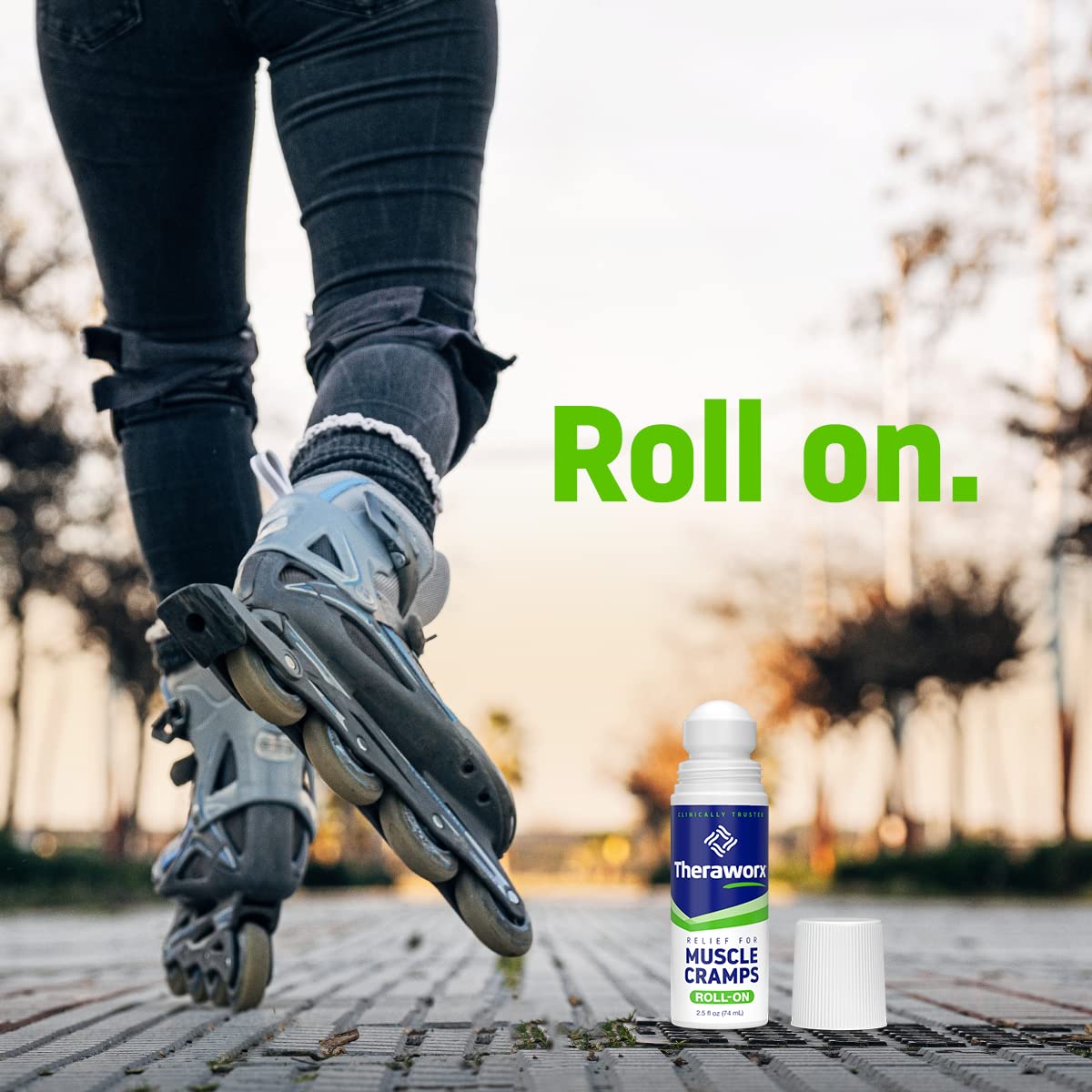 Theraworx anti-cramp roll-on back label with complete list of active and inactive ingredients.
