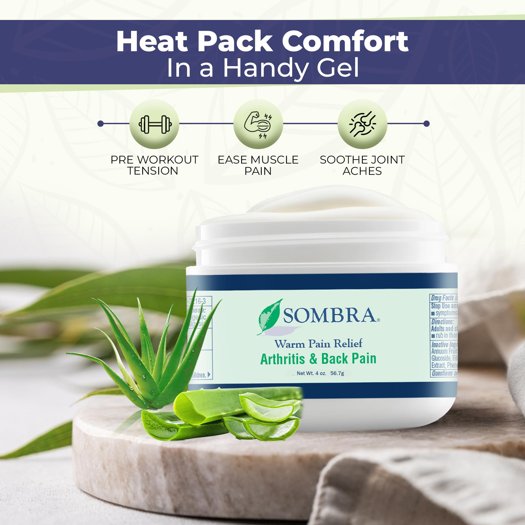 Sombra original warm therapy gel label showing vegan and alcohol free claims