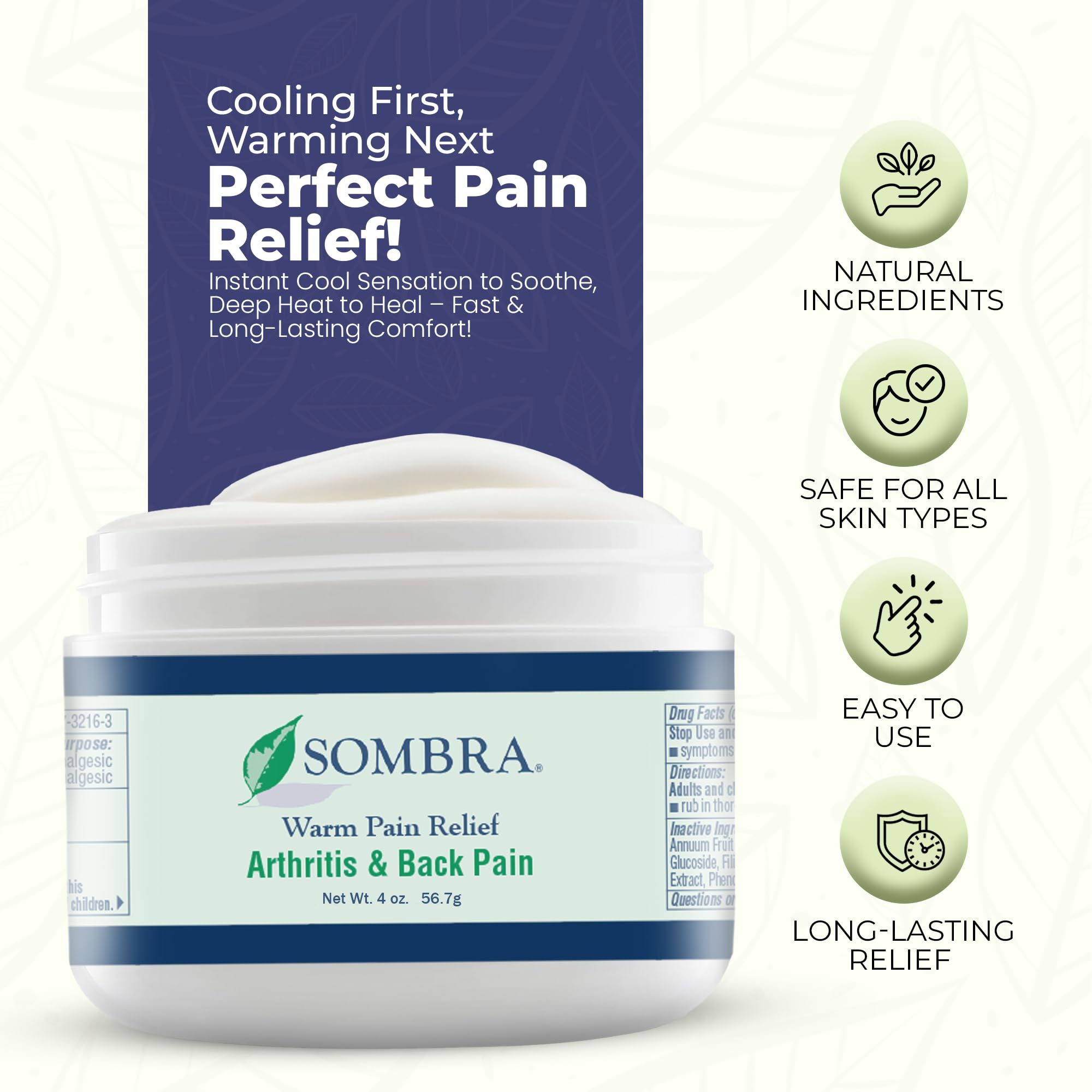 Sombra pain relief gel jar showing double action cooling and warming description