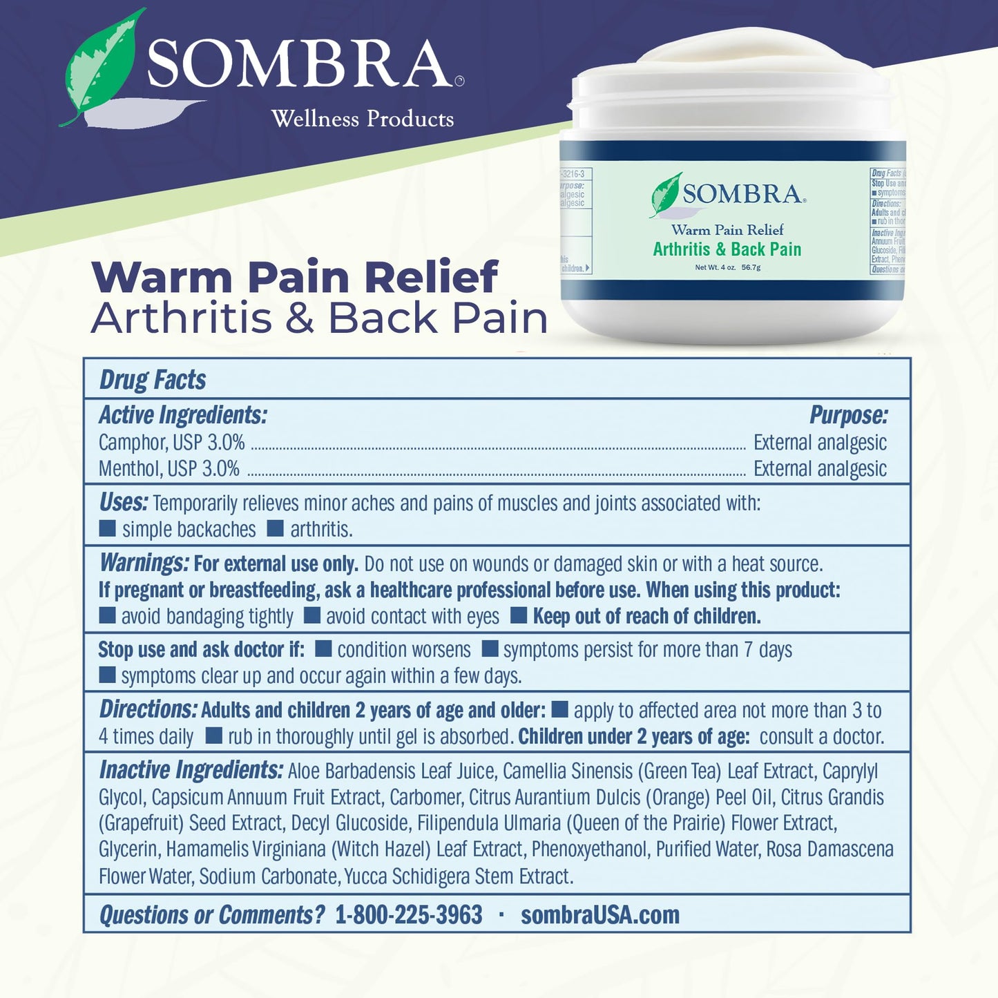 Sombra arthritis pain relief gel jar showing clean formula without artificial dyes