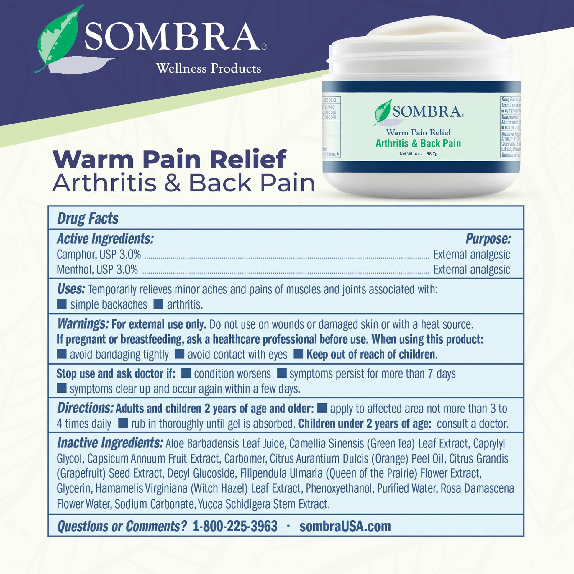 Sombra arthritis pain relief gel jar showing clean formula without artificial dyes