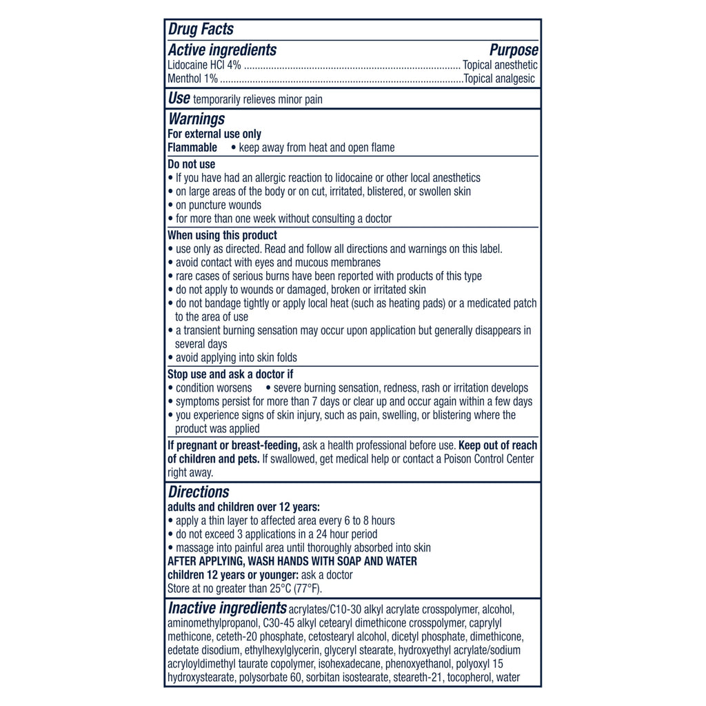 Nervive package label detailing four percent lidocaine and one percent menthol concentrations