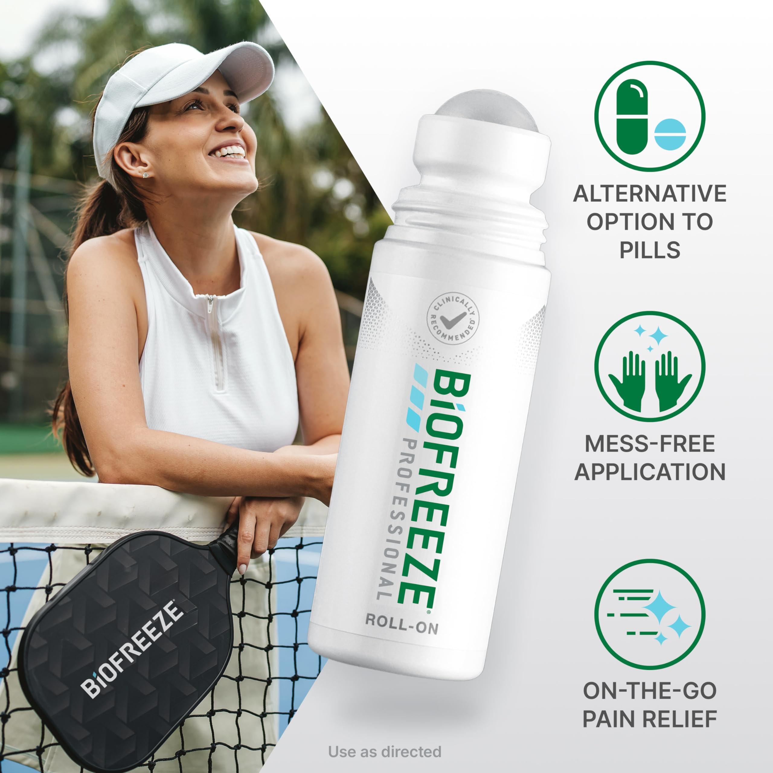 Biofreeze hands free roller ball applicator feature for targeted relief