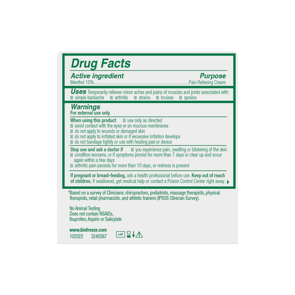 Biofreeze muscle and joint therapy non greasy cream retail packaging image