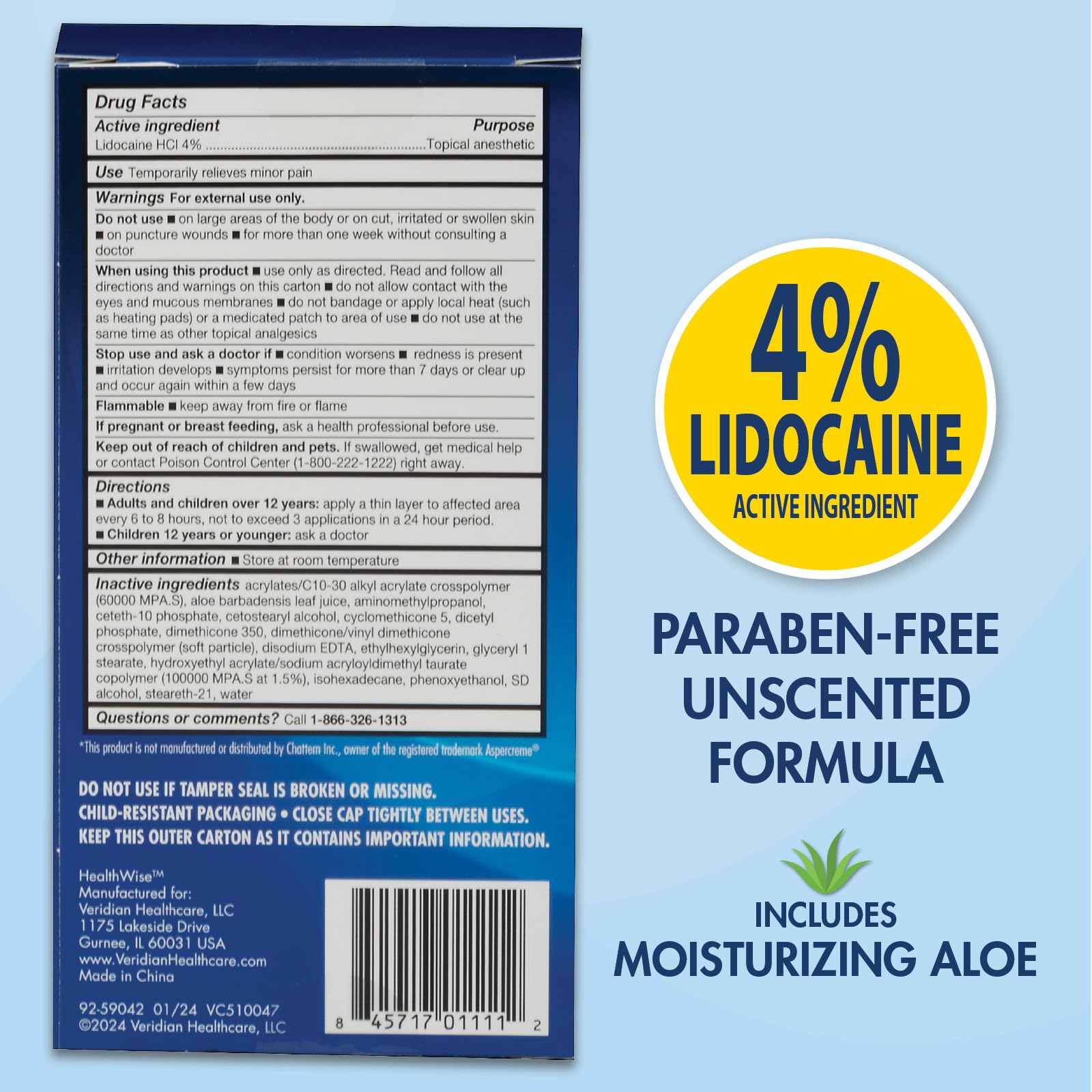 HealthWise 4 percent lidocaine unscented formula container back label details