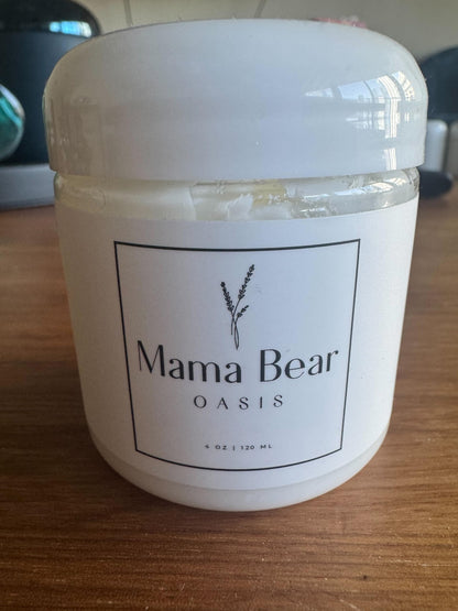 Mama Bear Oasis Magnesium Lotion showing the maximum strength ingredients label featuring arnica and aloe vera.