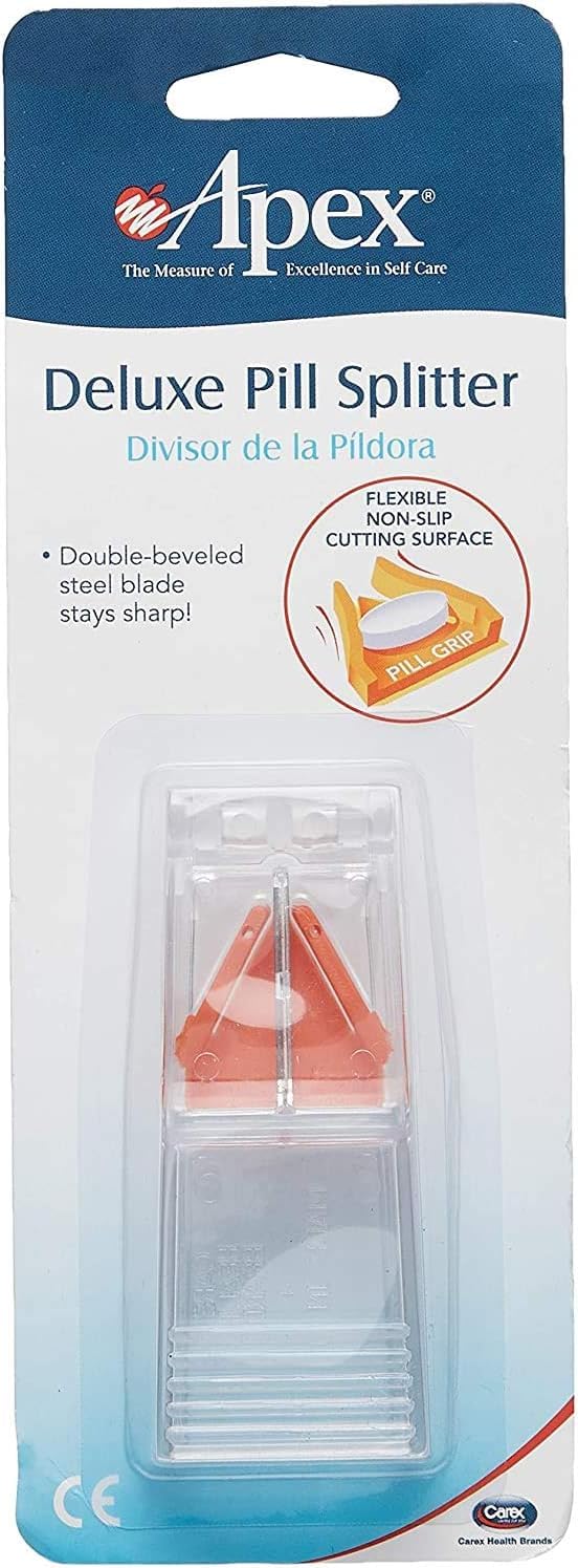 Apex medication cutter open view showcasing the double-beveled German steel blade and self-retracting safety guard.