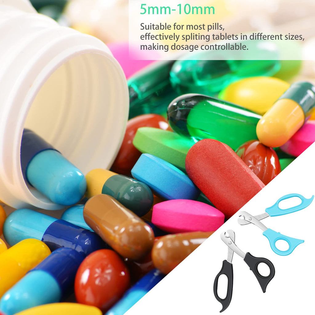 Stainless steel tablet cutter blades securely holding a round pill for precise dosage split