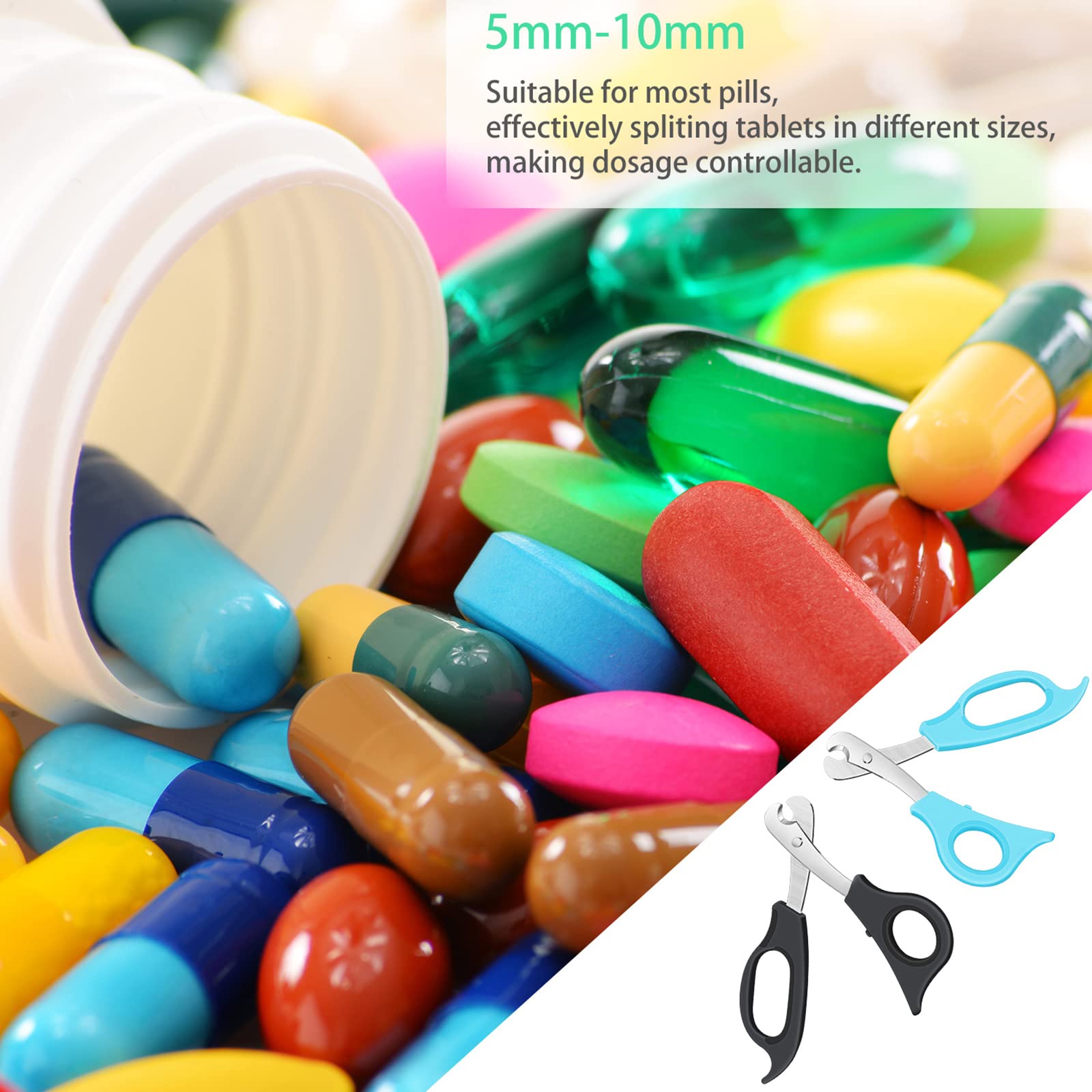 Stainless steel tablet cutter blades securely holding a round pill for precise dosage split