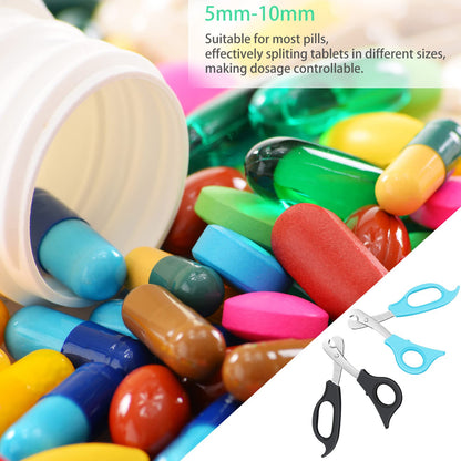 Stainless steel tablet cutter blades securely holding a round pill for precise dosage split