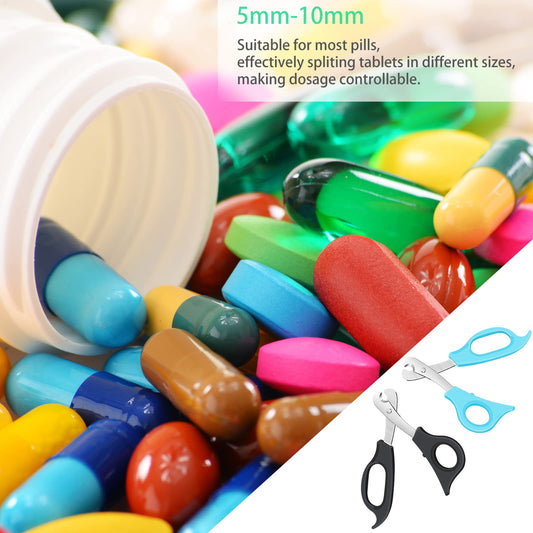 Stainless steel tablet cutter blades securely holding a round pill for precise dosage split