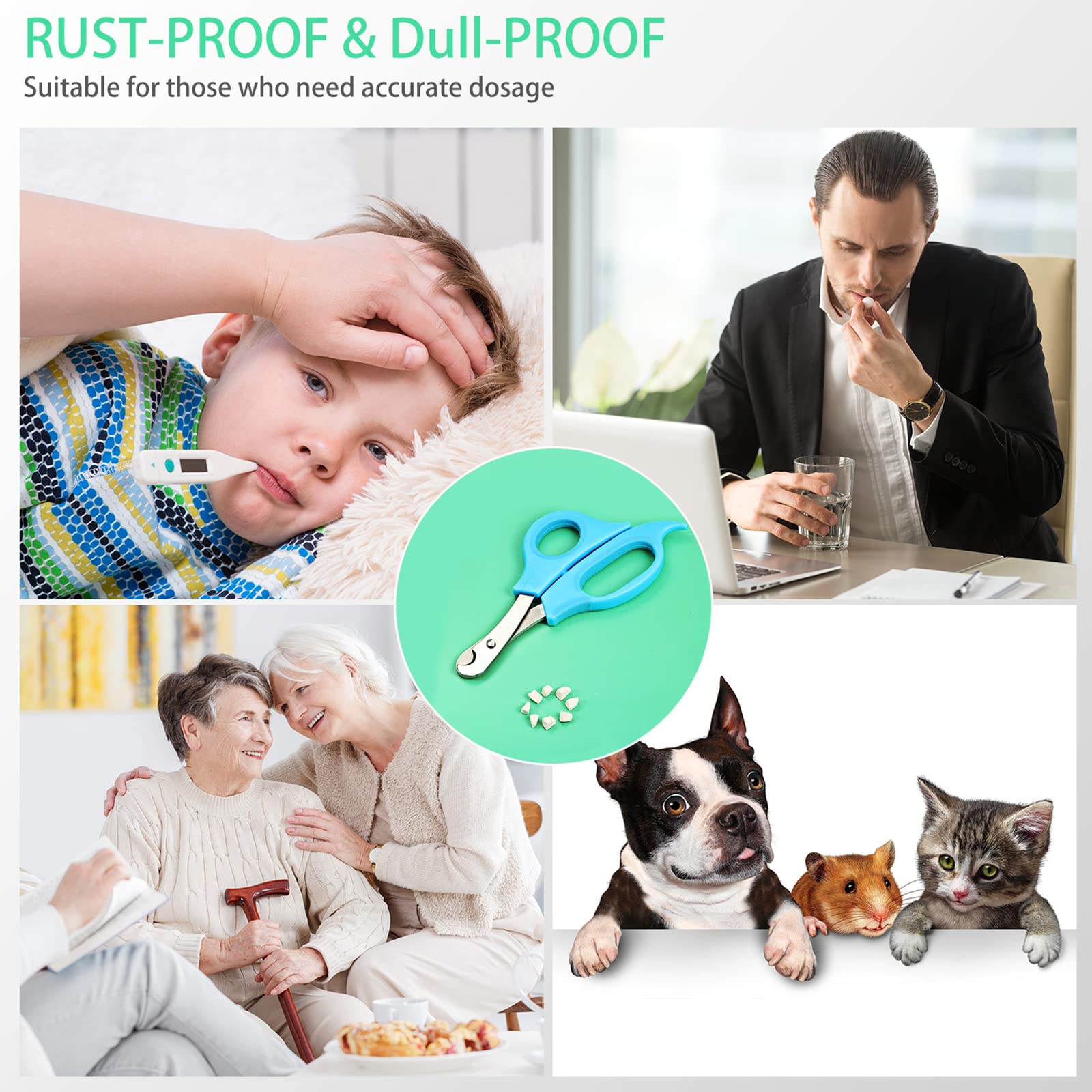 Mudder pill cutter tool dividing an oblong vitamin tablet into two clean halves