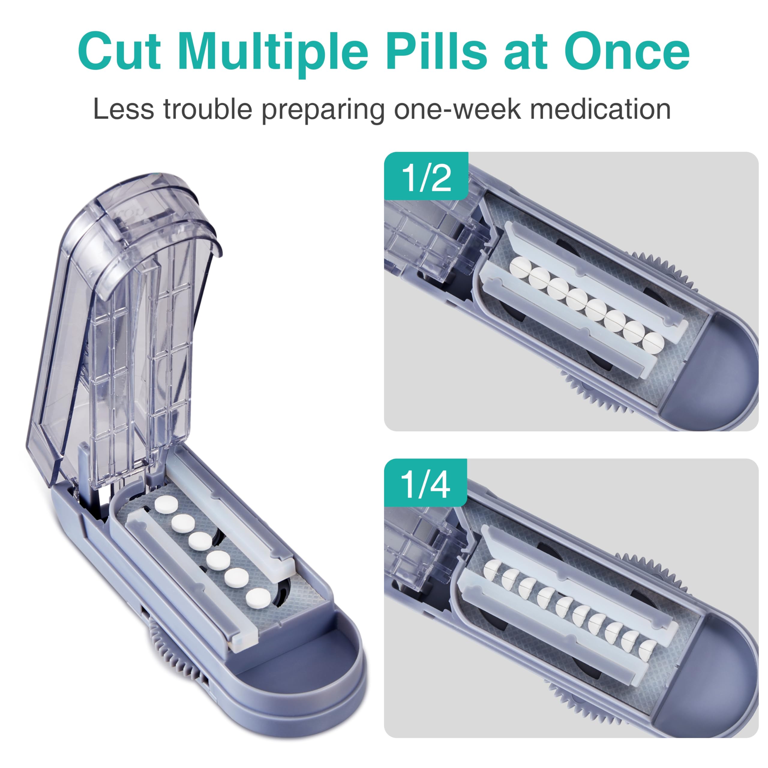 Fullicon tablet splitter open showing sharp stainless steel blade with protective guard
