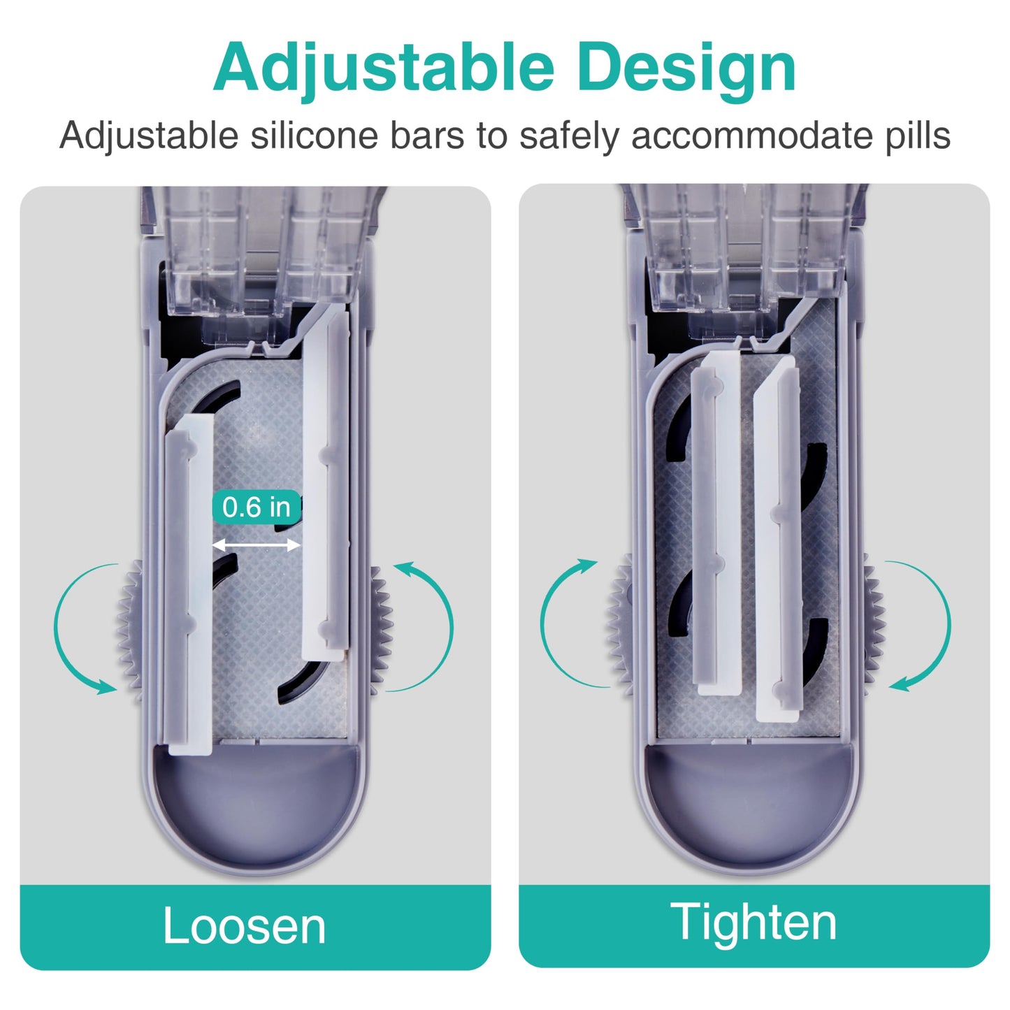 Grey multiple pill cutting tool holding several small tablets simultaneously for precision dosing