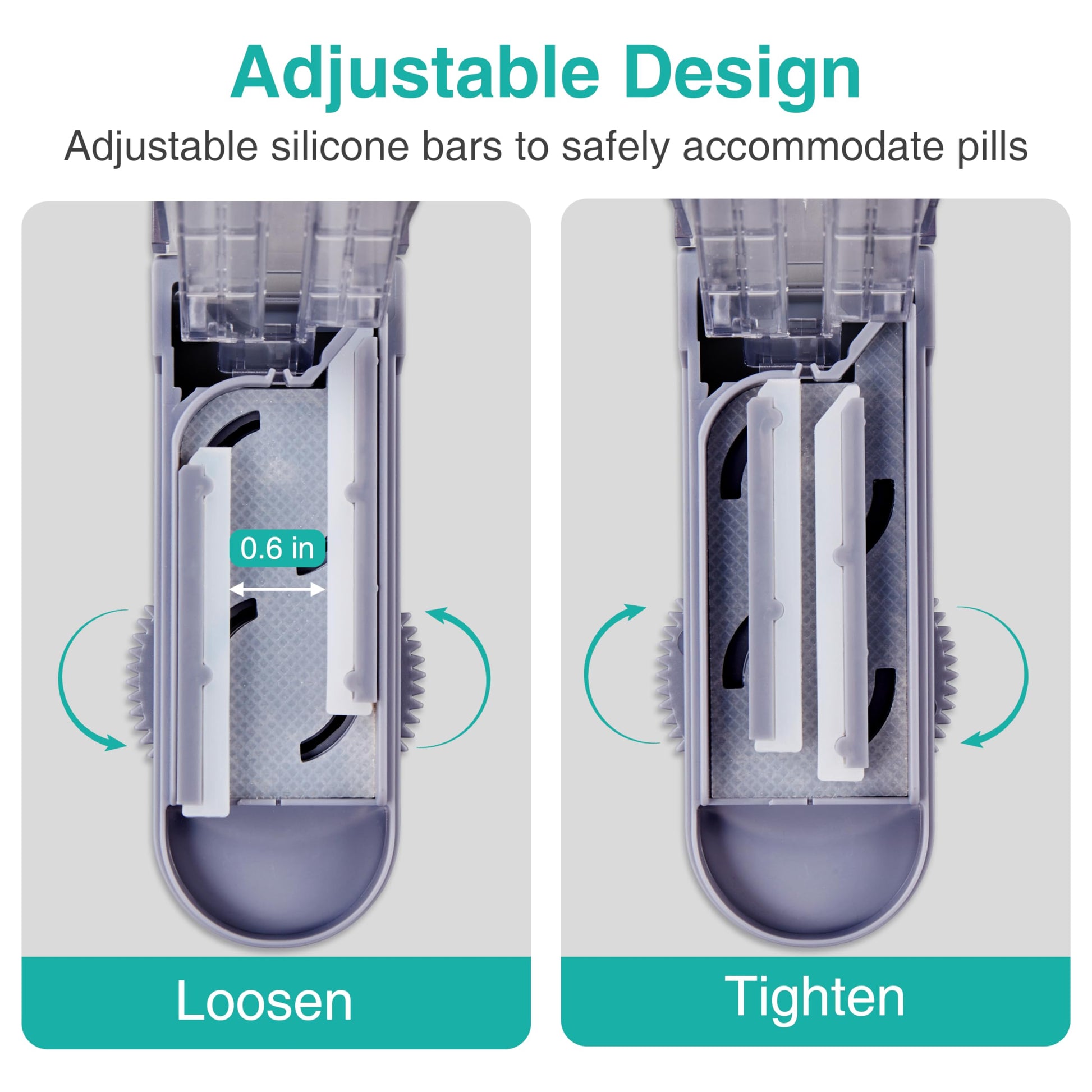 Grey multiple pill cutting tool holding several small tablets simultaneously for precision dosing