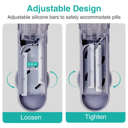 Grey multiple pill cutting tool holding several small tablets simultaneously for precision dosing