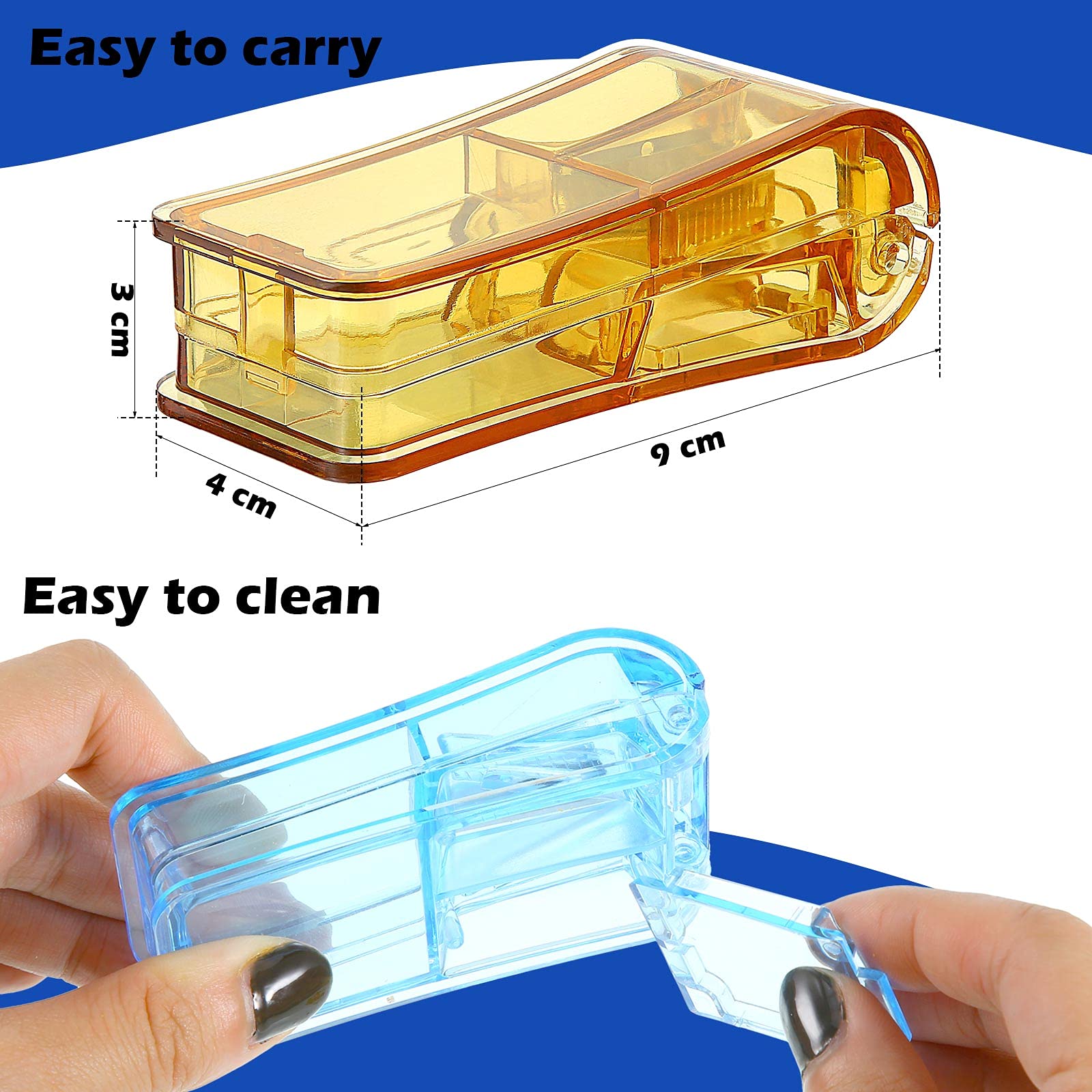 Open translucent medicine splitter displaying the V shaped tablet holder and safety blade guard.