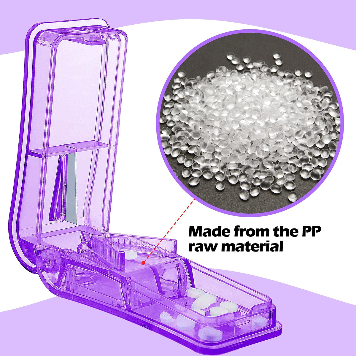 Close up of a tablet being accurately positioned inside the medical pill cutter.