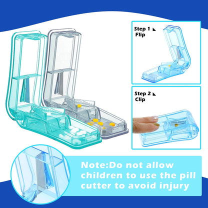 Compact multi colored travel pill boxes showing the dual storage and cutting compartments.