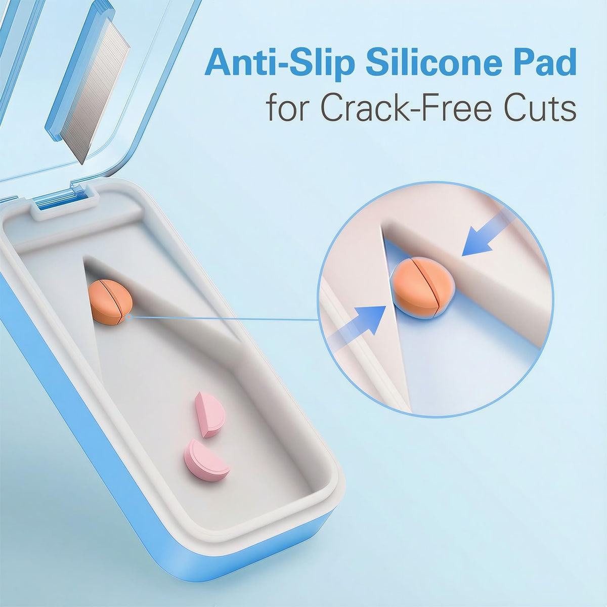 DEPAD dual guide bars centering small pills for precise cutting