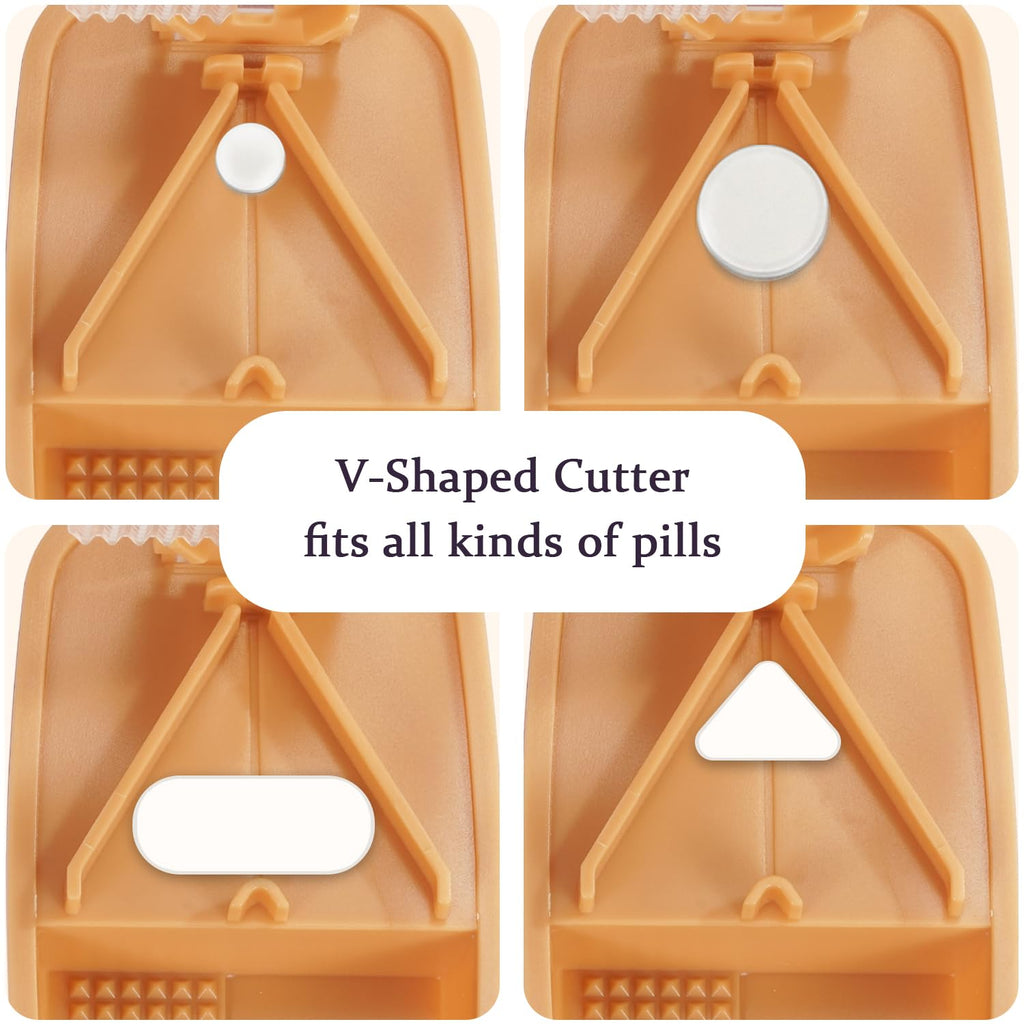 ColeMela tablet cutter open showing the stainless steel blade and purple silicone V-shaped pad.