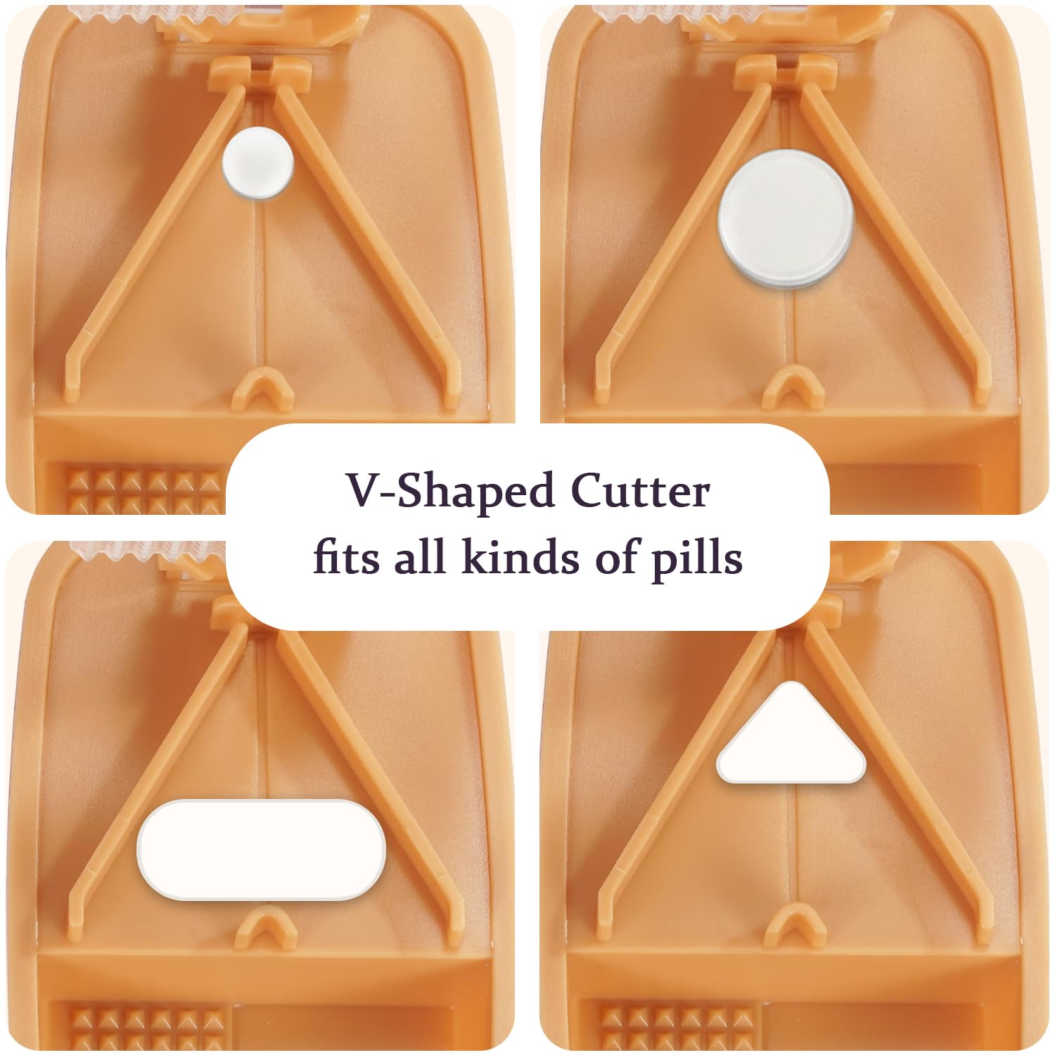 ColeMela tablet cutter open showing the stainless steel blade and purple silicone V-shaped pad.