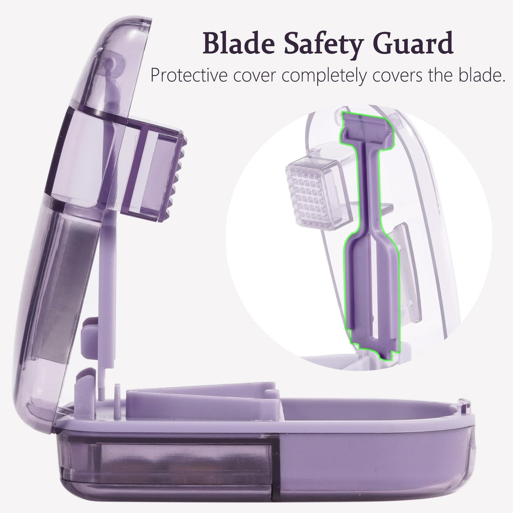 ColeMela medication splitter showing the safety blade guard assembly for finger protection.