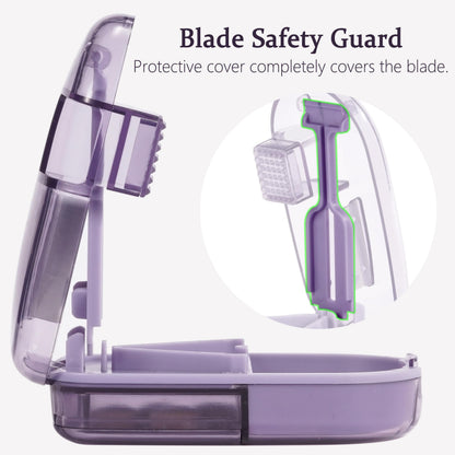 ColeMela medication splitter showing the safety blade guard assembly for finger protection.