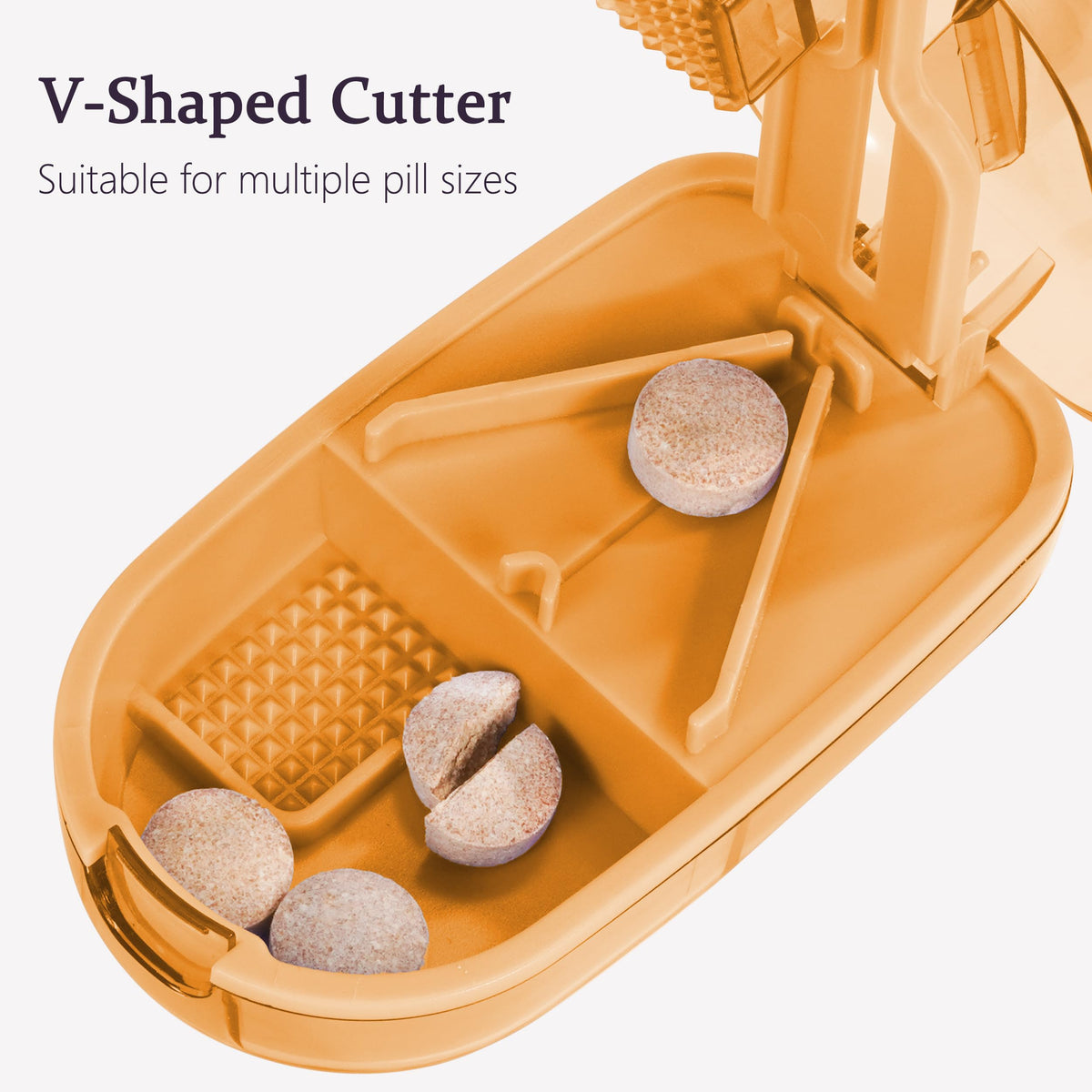 ColeMela premium pill cutter reverse view displaying the sliding door storage compartment.