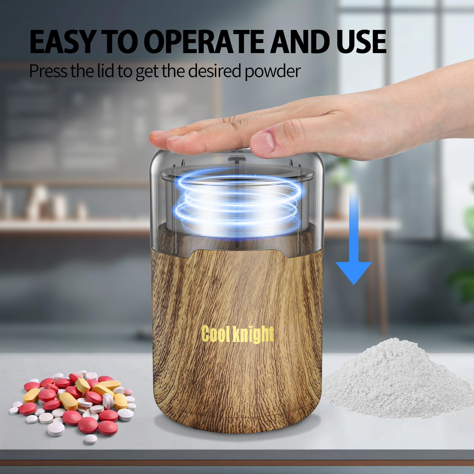 COOL KNIGHT medicine grinder open lid perspective revealing 304 stainless steel bidirectional blades.