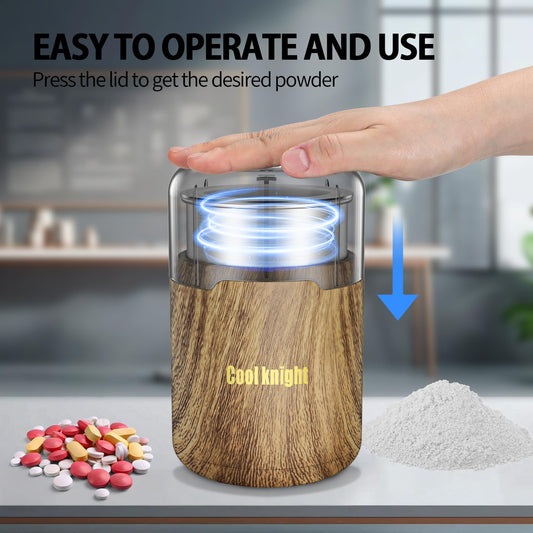 COOL KNIGHT medicine grinder open lid perspective revealing 304 stainless steel bidirectional blades.