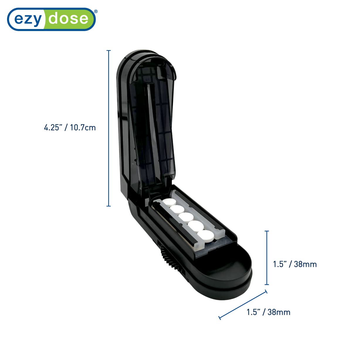 Open view of the EZY DOSE tablet splitter highlighting the sharp stainless steel blade and internal cutting platform