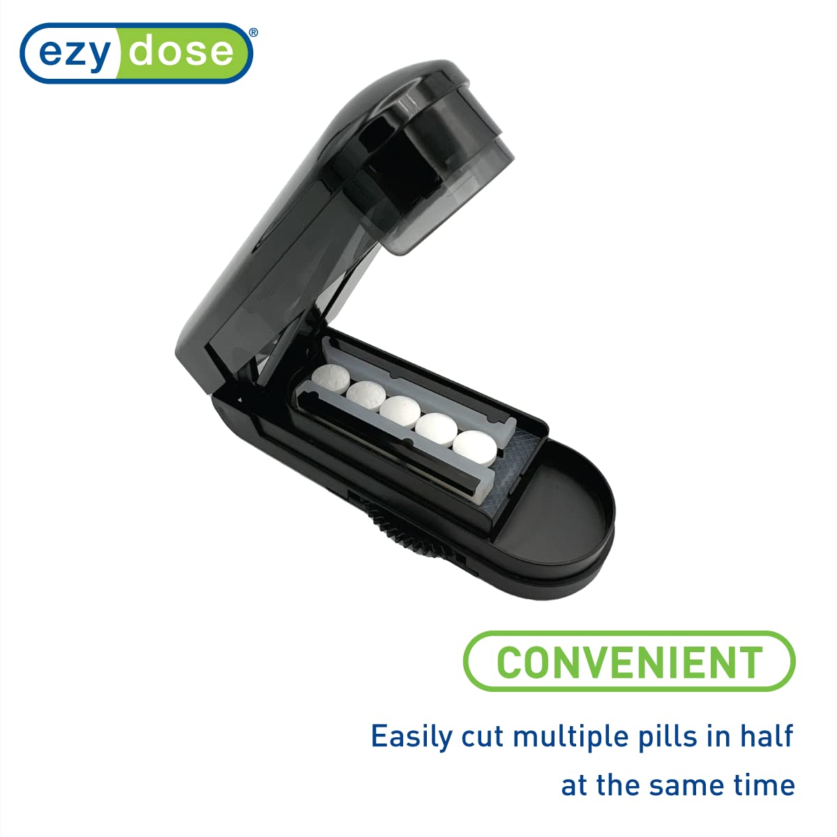 EZY DOSE pill cutting tool showing multiple vitamins lined up on the non slip surface before splitting