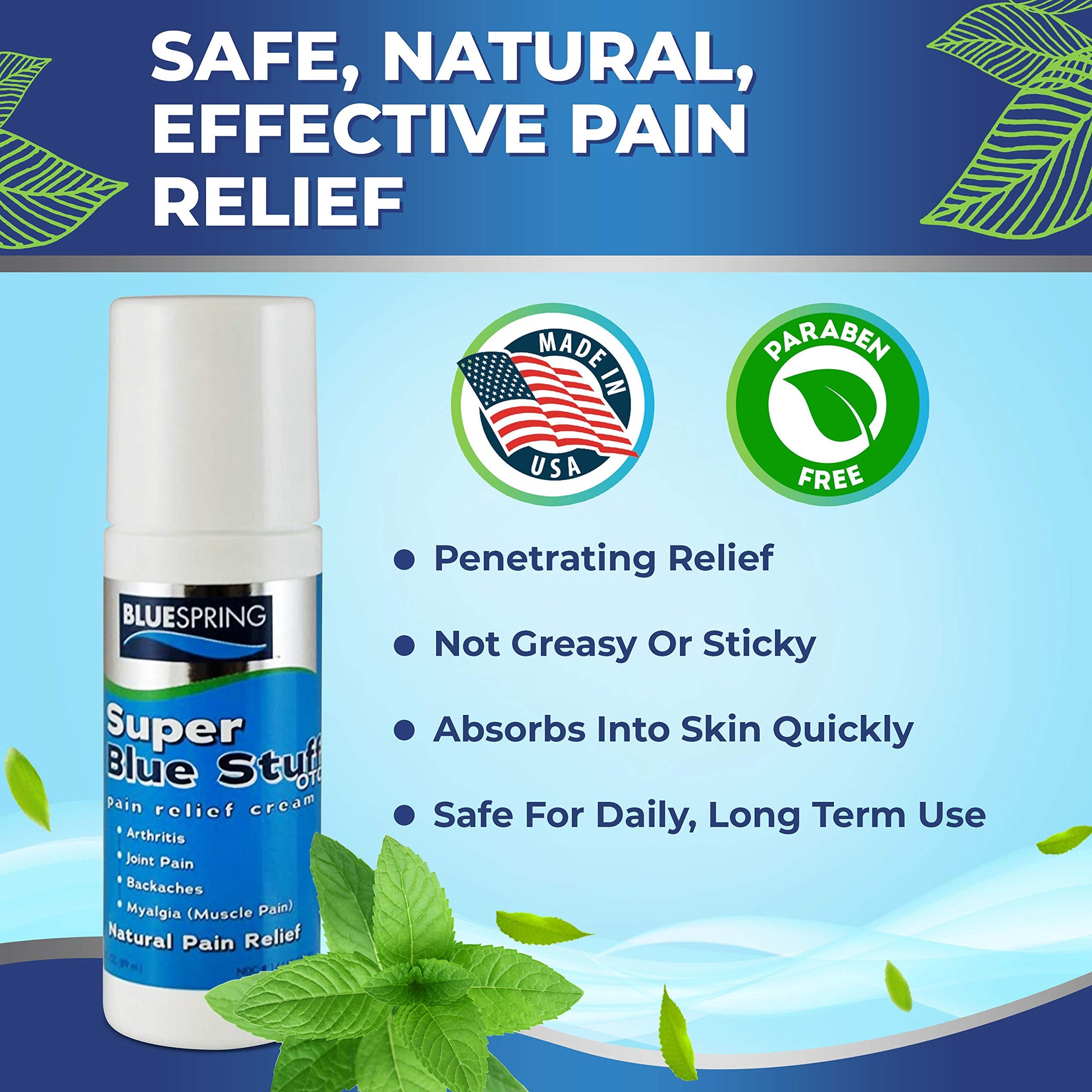 BlueSpring Super Blue Stuff three ounce roll on bottle for joint comfort.