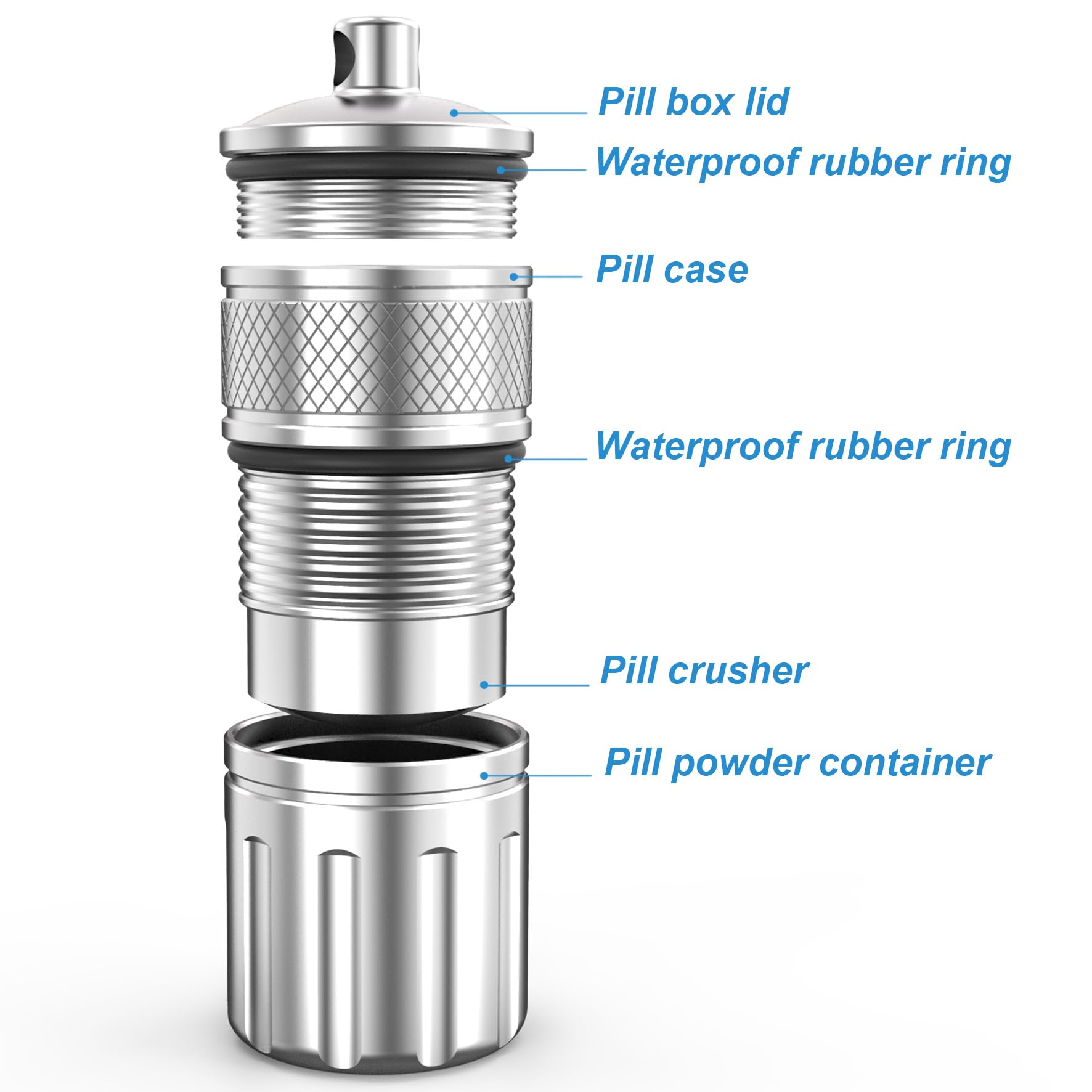 MEECN metal tablet crusher detached showing upper storage compartment and lower grinding chamber