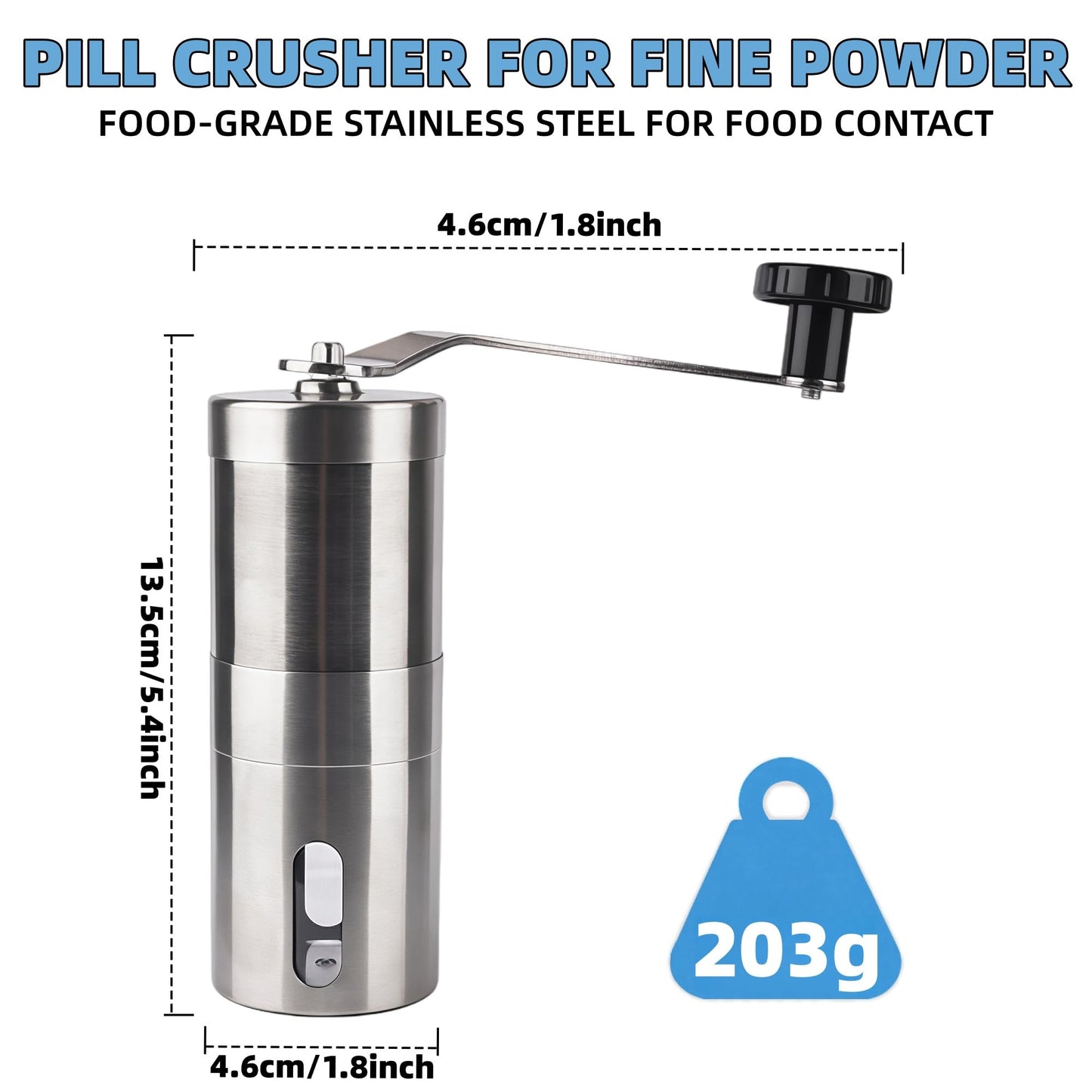 Stainless steel manual pill mill set with one grinder and three piece accessories disassembled