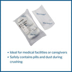 Clear plastic single use tablet crushing pouches close up showing thick latex free material
