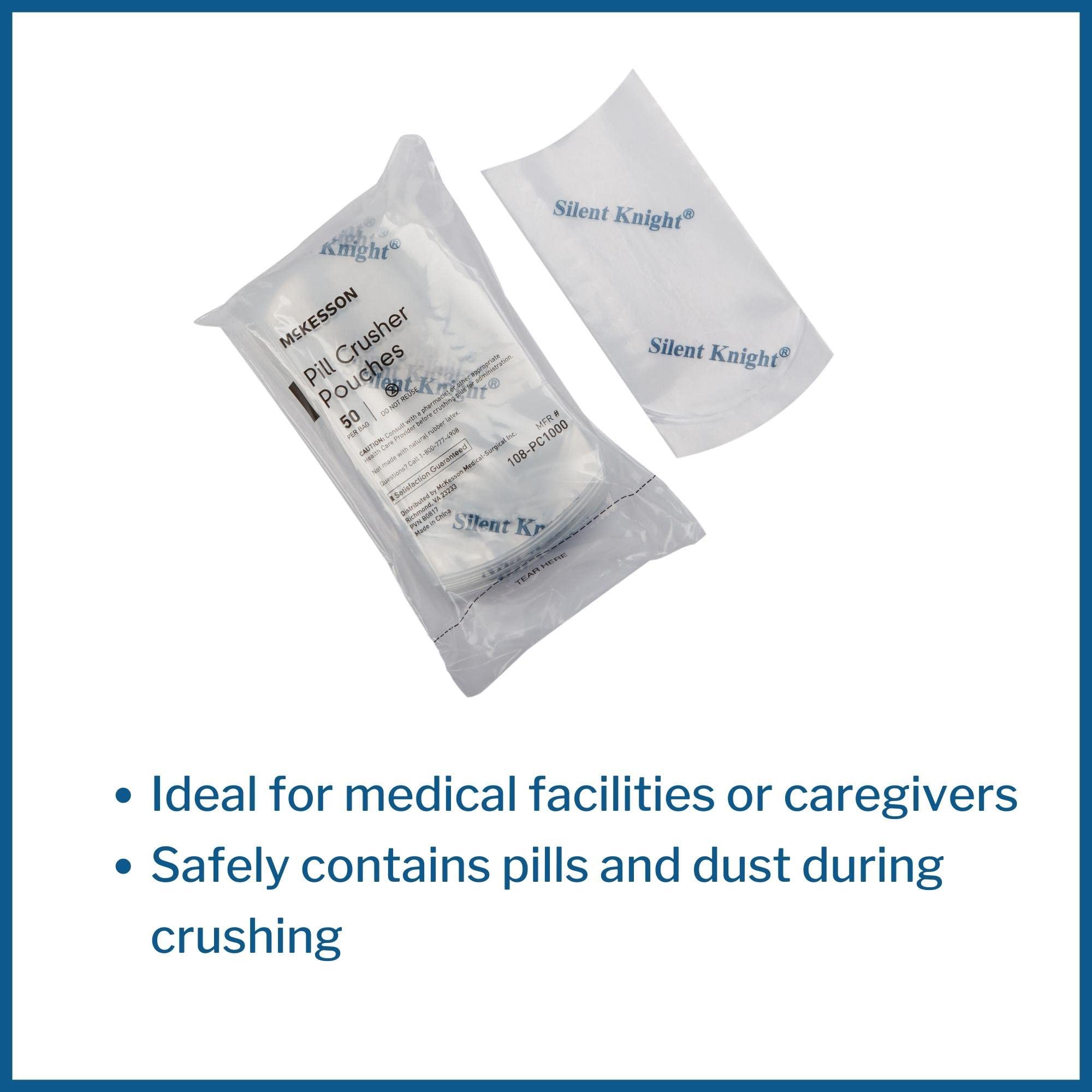 Clear plastic single use tablet crushing pouches close up showing thick latex free material