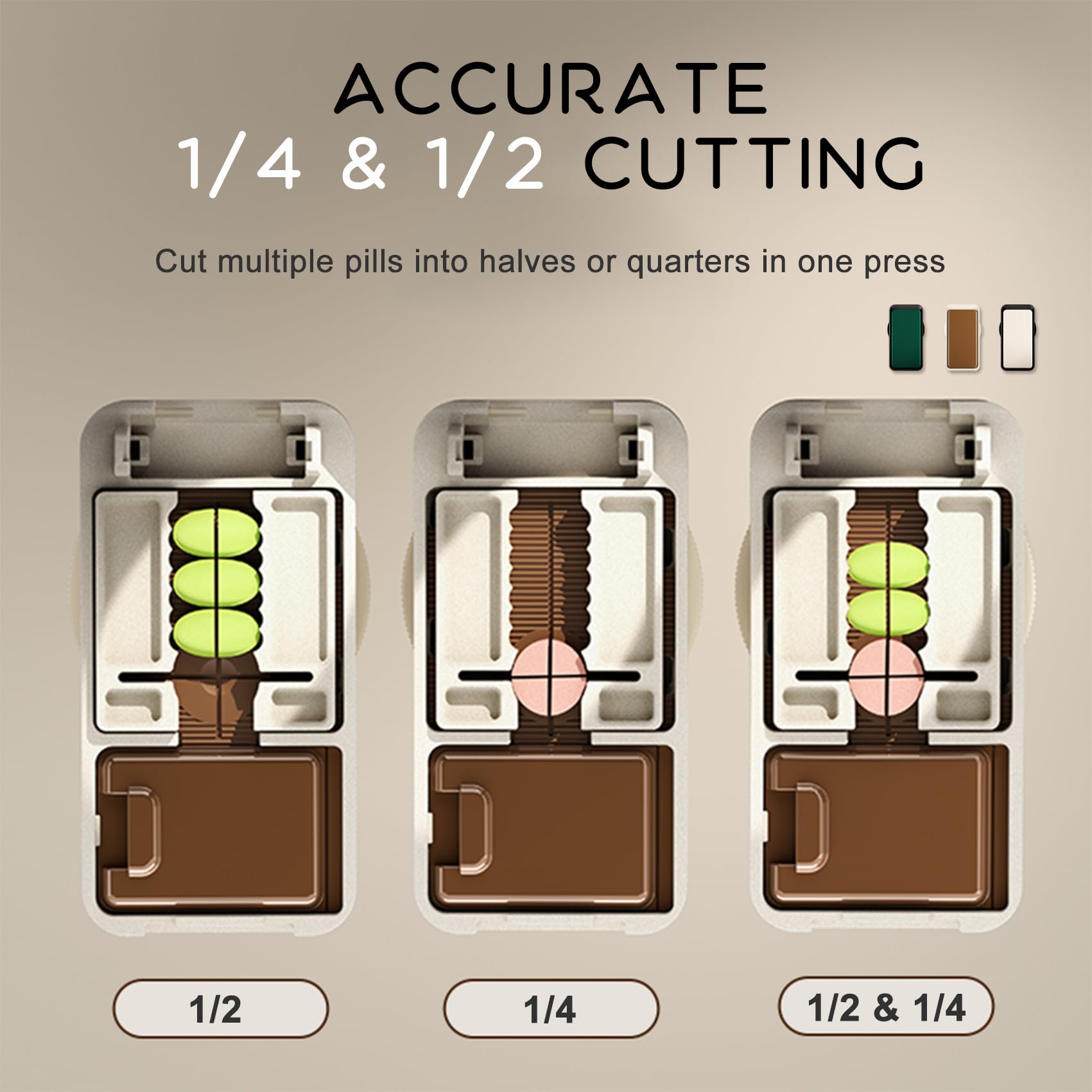 Concealed stainless steel blade mechanism slicing pills into perfect quarters