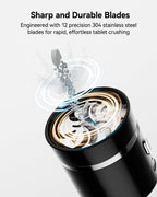 Portable electronic pill crusher displaying the built-in USB charging port and compact travel-friendly design.