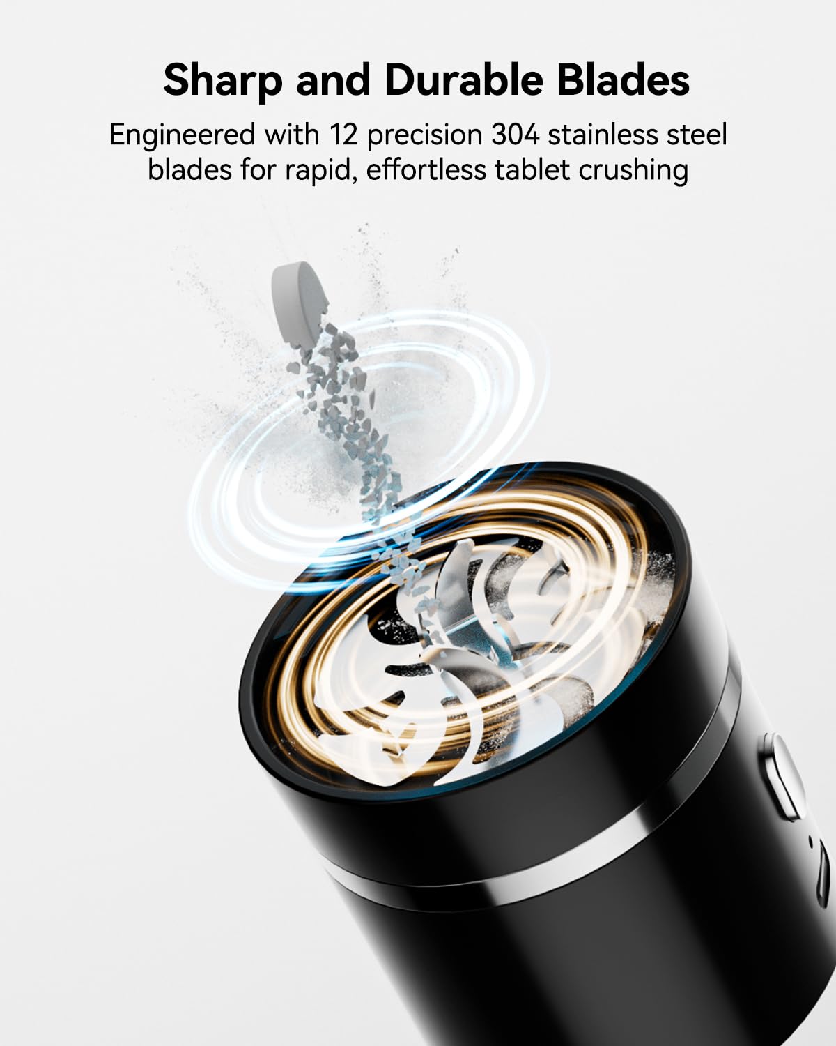 Portable electronic pill crusher displaying the built-in USB charging port and compact travel-friendly design.